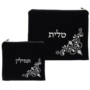 סט טלית תפילין קטיפה כחול כהה עם ריקמה 3629 ס"מ