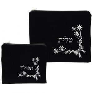 סט טלית תפילין קטיפה כחול כהה עם ריקמה 3629 ס"