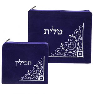 סט טלית תפילין קטיפה כחול בהיר עם ריקמה 3629 ס