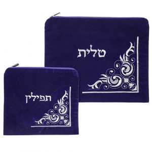 סט טלית תפילין קטיפה כחול בהיר עם ריקמה 3629 ס"