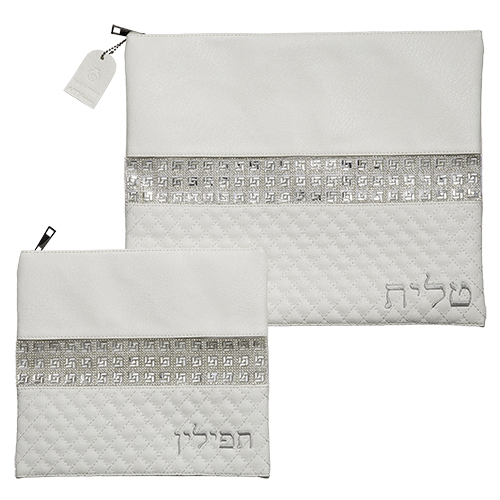 Leather Like Talit - Tefilin Set 36*29 cm with Embroidery - White