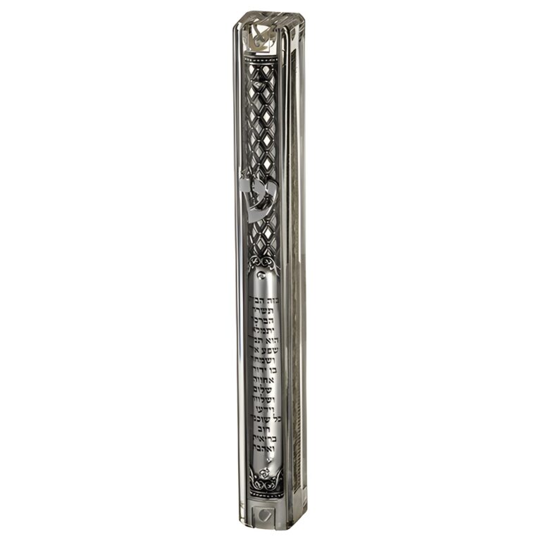 Clear Plastic Mezuzah with Rubber Cork 12 cm- with the Letter Shin and Plaque - Silver