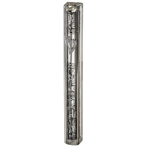 Transparent Plastic Mezuzah With Rubber Cork 12 Cm- With The Letter Shin And Plaque