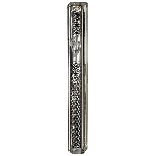 Transparent Plastic Mezuzah With Rubber Cork 12 Cm- With The Letter Shin And Plaque