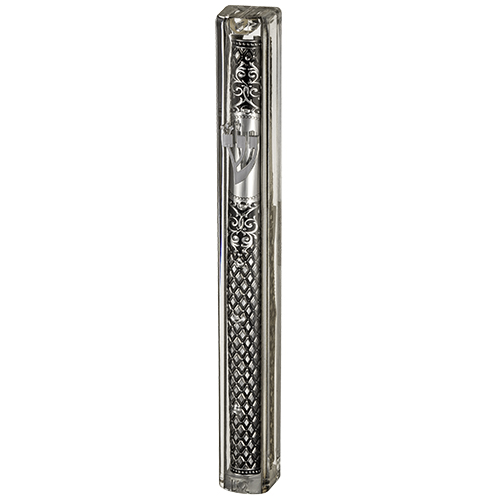 Transparent Plastic Mezuzah With Rubber Cork 15 Cm- With The Letter Shin And Plaque