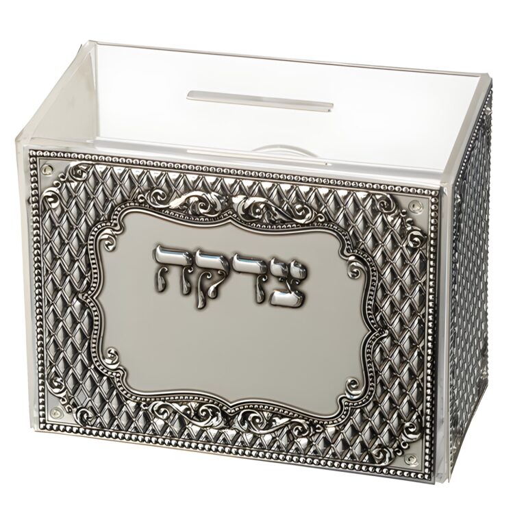 Lucite Tzedakah Box 12x11 cm with Plaque - Silver