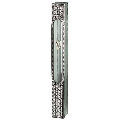 Glass Mezuzah with Metal Plaque 12 cm