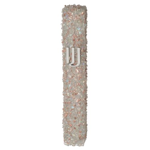 Glass Mezuzah with Stones 15 cm- White and Pink