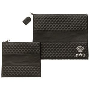 שש0706 סט טלית תפילין דמוי עור שחור אותיות בולטות "כתר" כסף 3629 ס"מ