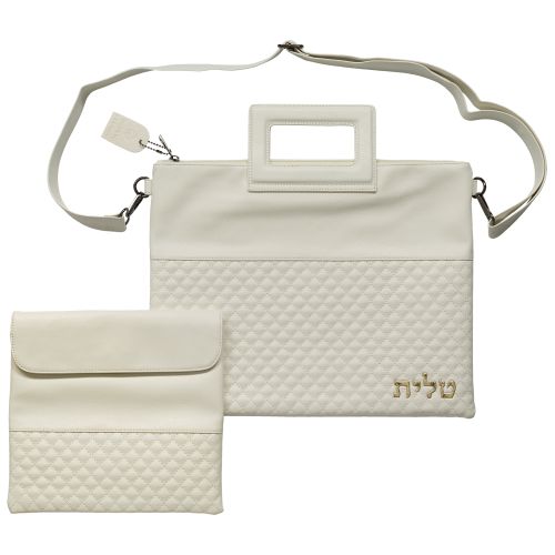 PU Fabric Talit & Tefilin Set 38*31 cm - White with Embossed logo