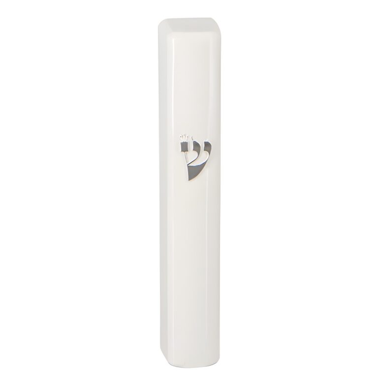 Plastic White Mezuzah with Rubber Cork 15cm- with the Letter Shin - Without Holes - Silver
