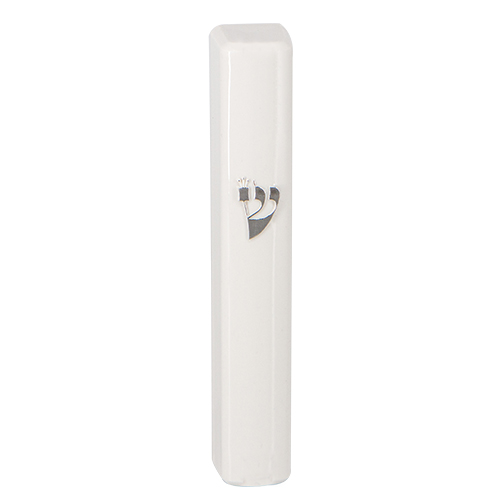 Plastic White Mezuzah with Rubber Cork 15cm-  with the letter Shin - Without Holes