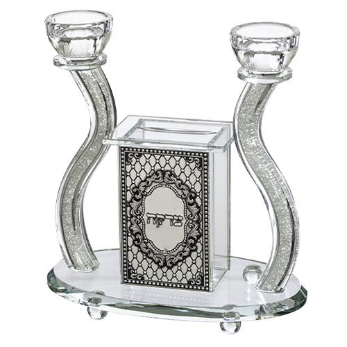 Crystal Candlesticks with Tzedakah Box 21*20 cm with Metal Plaque and Stones