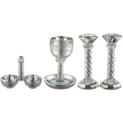 Crystal Set of Candlesticks ++ Kiddush Cup ++ Salt & Pepper Stand with Stones - Silver