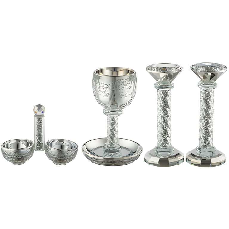 Crystal Set of Candlesticks ++ Kiddush Cup ++ Salt & Pepper Stand with Stones - Silver