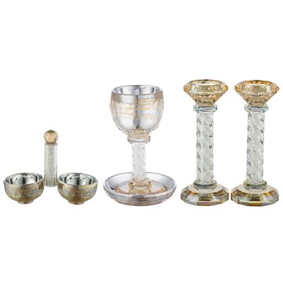 Crystal Set of Candlesticks ++ Kiddush Cup ++ Salt & Pepper Stand with Stones
