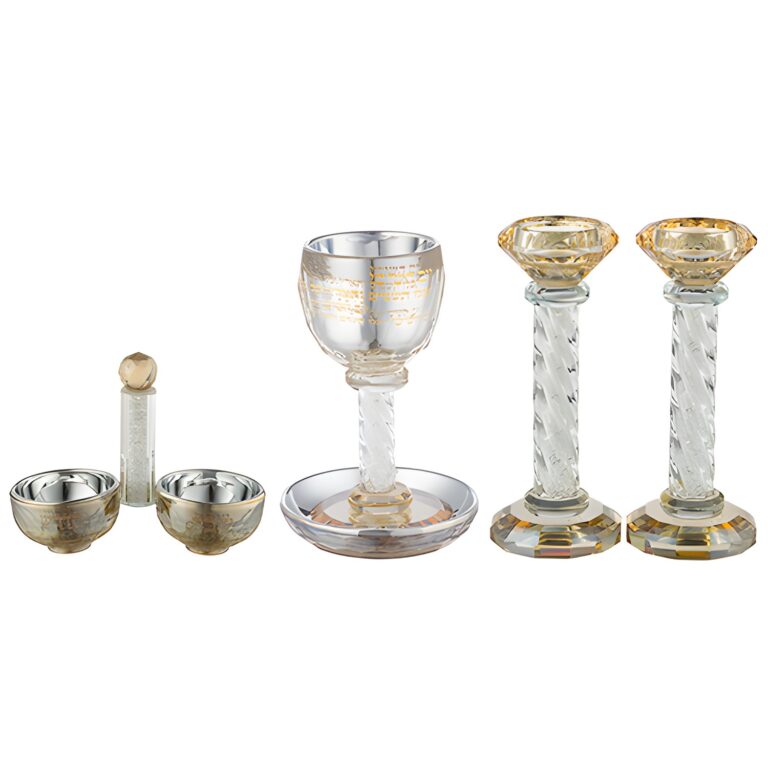 Crystal Set of Candlesticks ++ Kiddush Cup ++ Salt & Pepper Stand with Stones