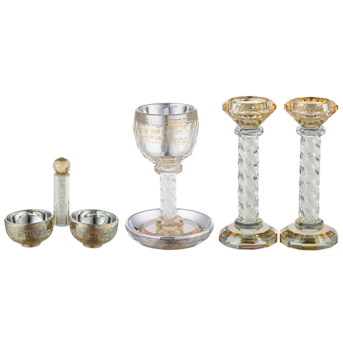 Crystal Set Of Candlesticks + Kiddush Cup + Salt & Pepper Stand with Stones