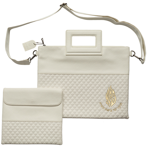 PU Fabric Talit & Tefilin Set 38*31 cm with Handles&Embossed logo - White