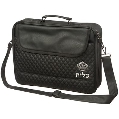 PU Leathere Fabric Talit 43*36 cm with Handle- Black with Embossed Letters