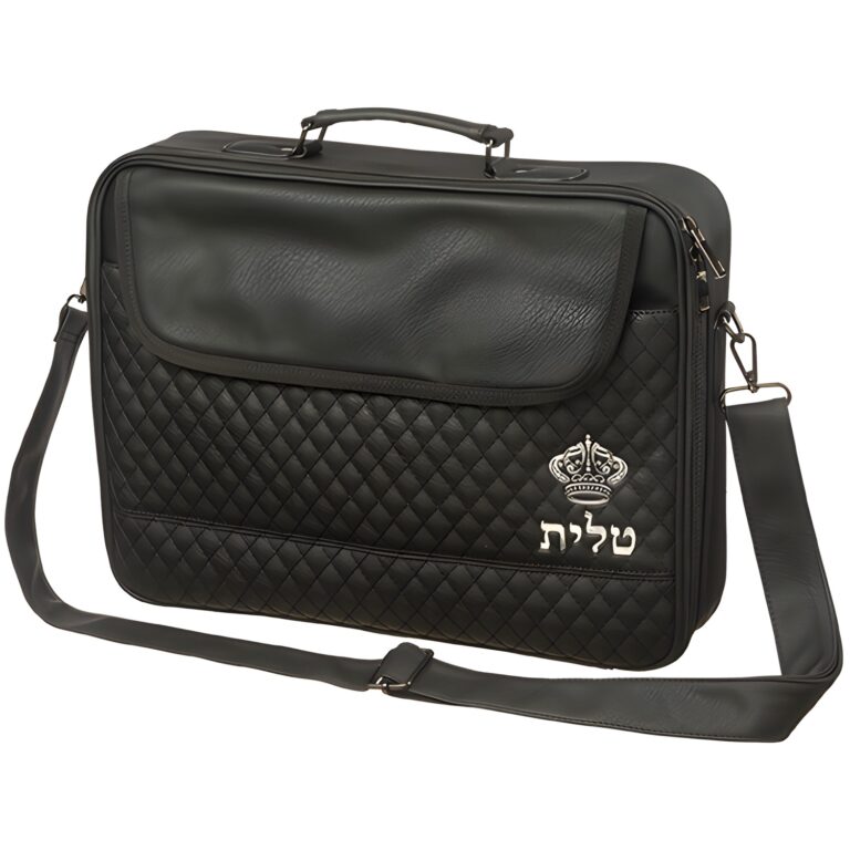 PU Leathere Fabric Talit 43*36 cm with Handle- Black with Embossed Letters