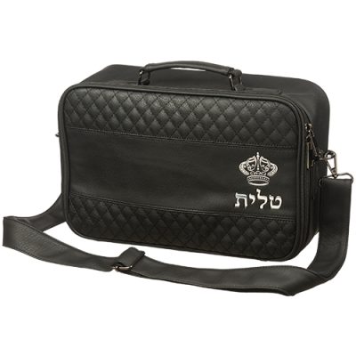 PU Leathere Fabric Talit 23*36 cm with Handle- Black with Embossed Letters