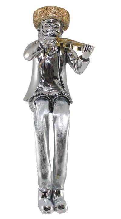 Silvered Polyresin Sitting Hassidic Figurine With Cloth Legs 19 Cm- Fiddle Player