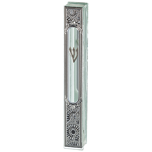 Glass Mezuzah with Metal Plaque 12 cm