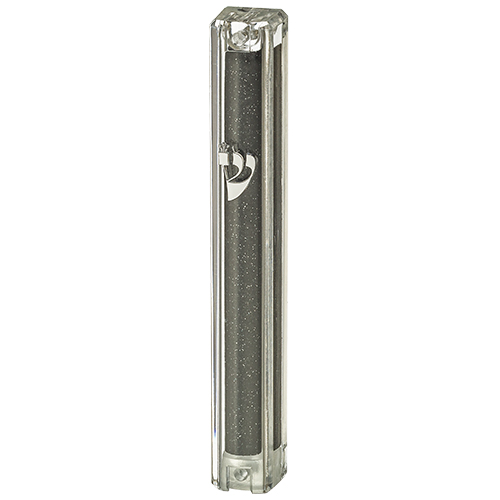 Plastic Glitter Transparent Mezuzah with Rubber Cork 12 cm-  with the Letter Shin