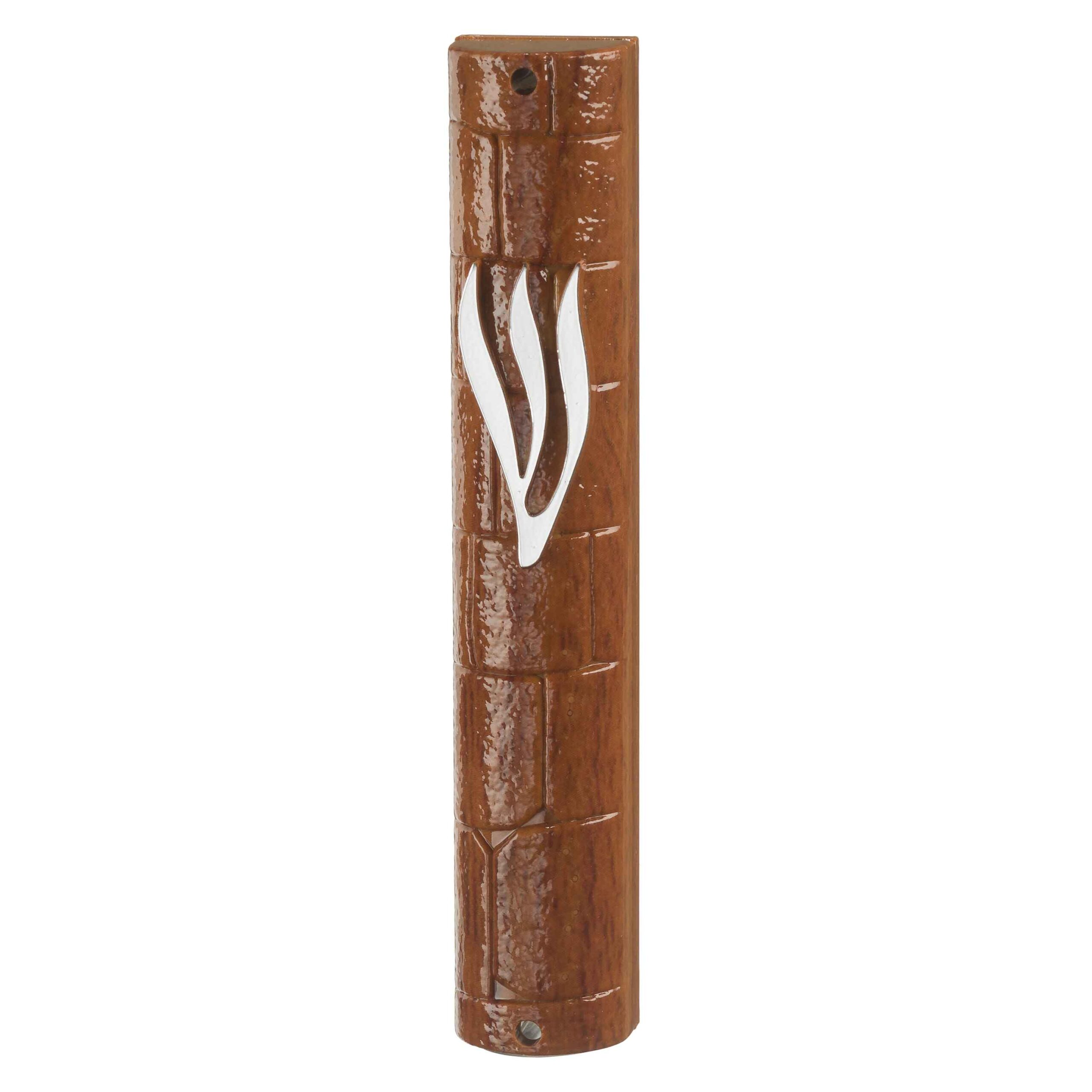 Plastic Mezuzah WOOD PAINTED with Rubber Cork 12 cm- "The Kotel" with the letter Shin