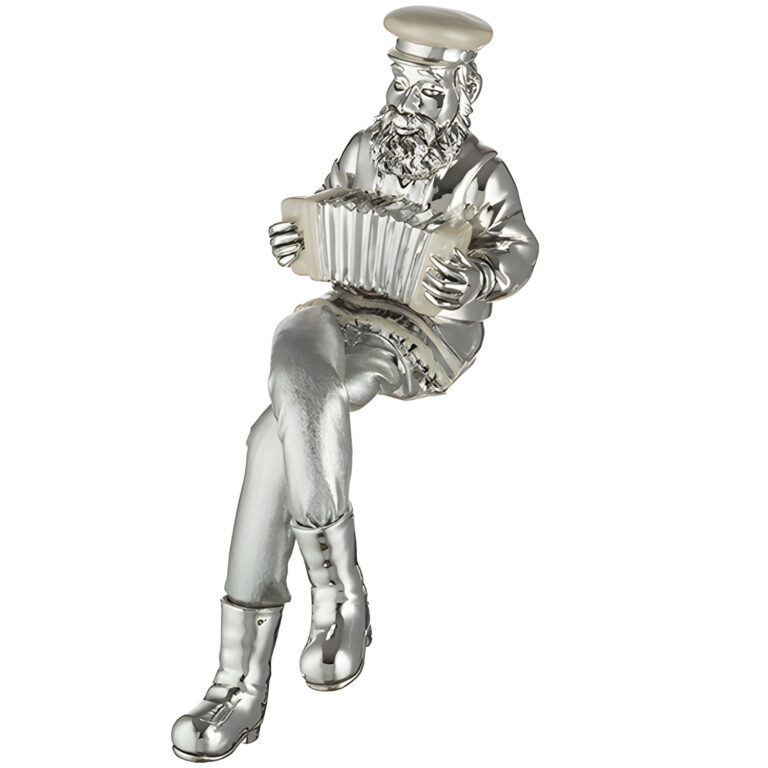 Polymer & Beige Enamel Sitting Hassidic Figurine with Cloth Legs 25 cm- Accordion Player - Silvered