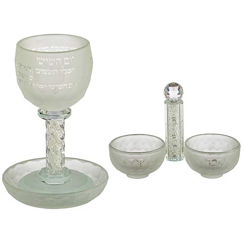 Crystal Set Of Kiddush Cup + Salt & Pepper Stand with Stones