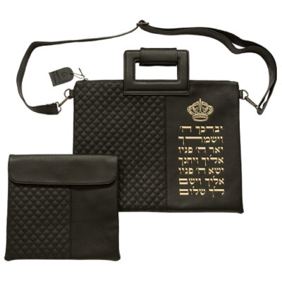 PU Leathere Fabric Talit & Tefilin Set 38*31 cm - Black with Embossed Letters