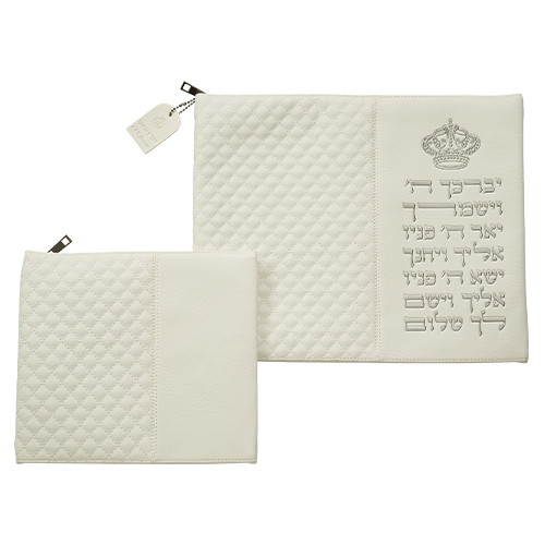 Leatherette Talit - Tefilin Set 36*29 cm White with Embossed Letters