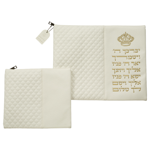 Leatherette Talit - Tefilin Set 36*29 cm White with Embossed Letters