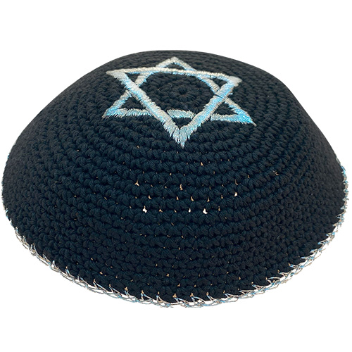 Knitted Kippah 16 cm- Black with Silver Magen David Embroidery