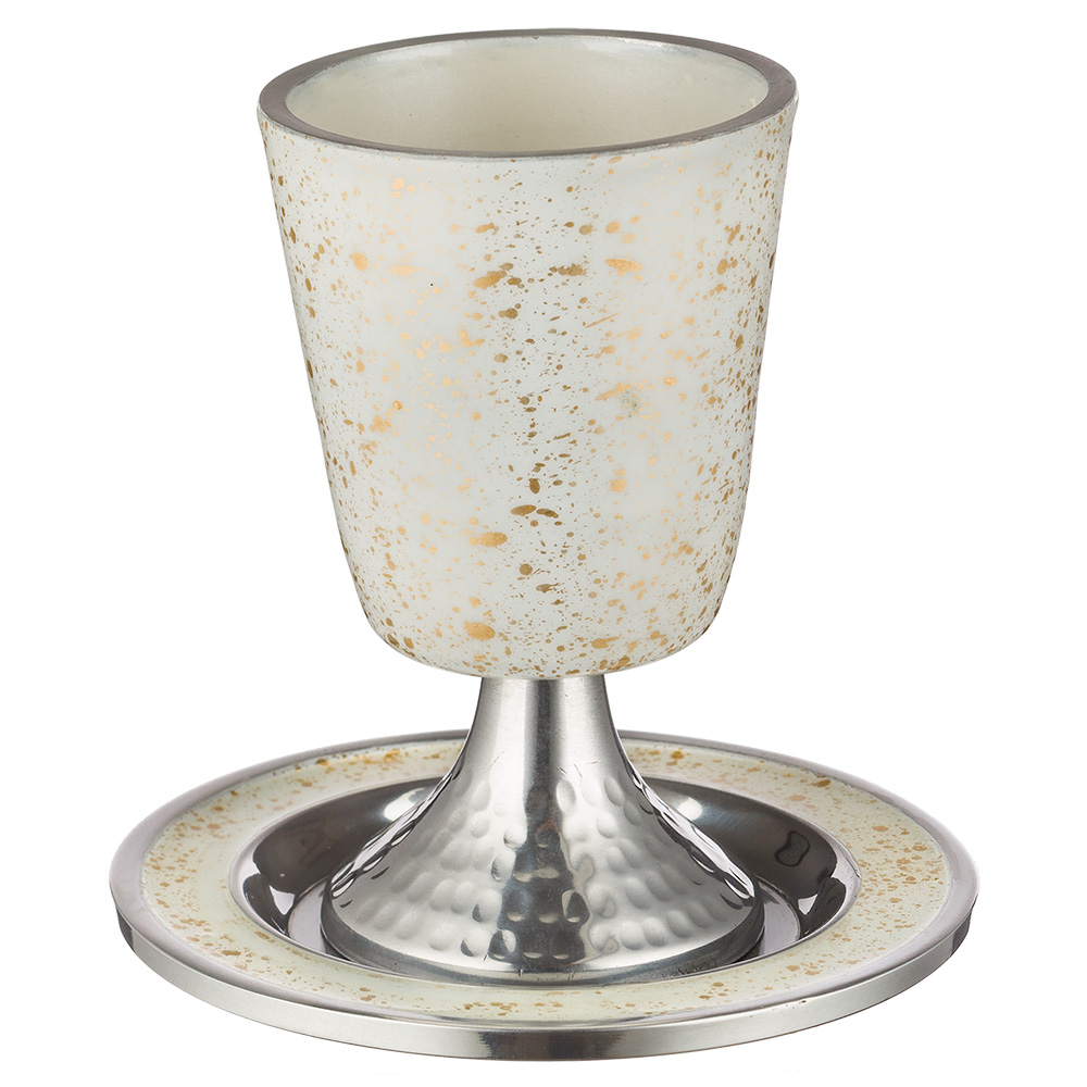 Aluminum Kiddush Cup 11 cm with Saucer - White Glitter