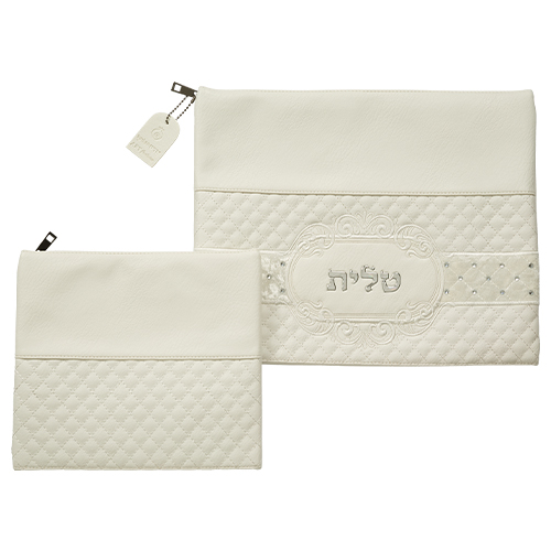 Leatherette Talit - Tefilin Set 36*29 cm White with Embossed Letters