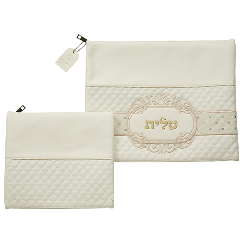 Leatherette Talit - Tefilin Set 36*29 cm White with Embossed Letters