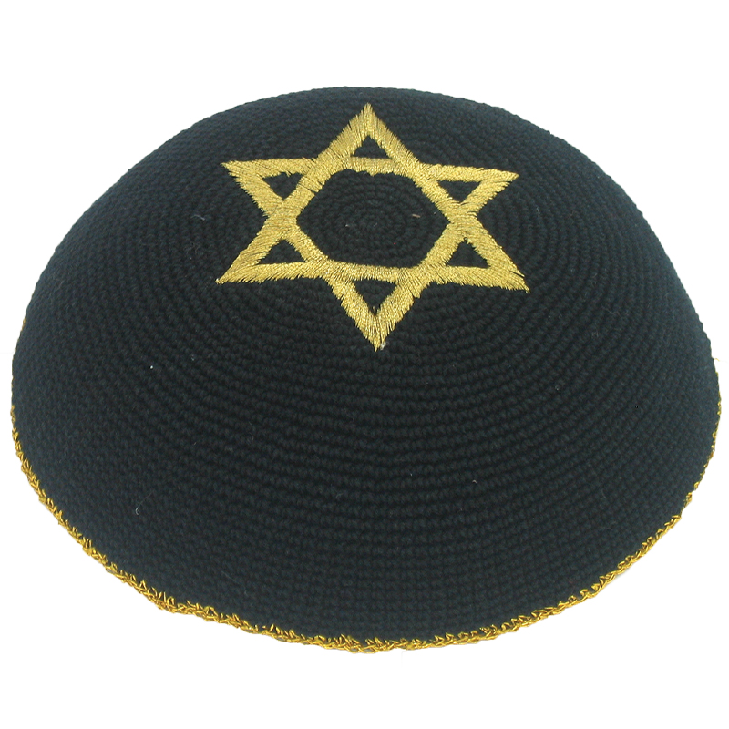 Knitted Kippah 16 cm- Black with Golden Magen David Embroidery