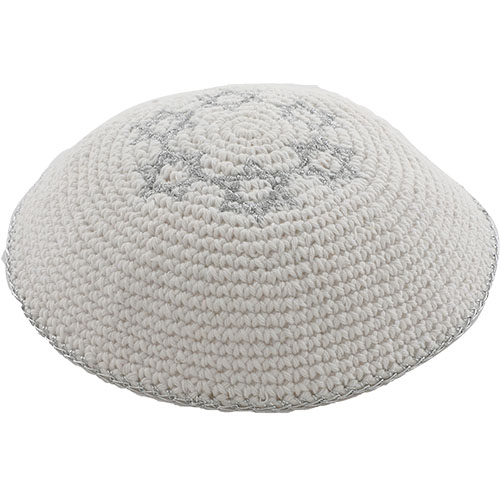 Knitted Kippah 16 cm- White with Silver Magen David Embroidery