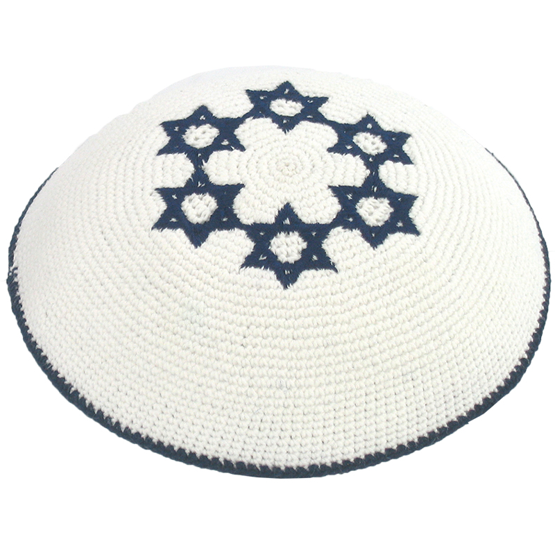 Knitted Kippah 16 cm- White with Blue Magen David Embroidery