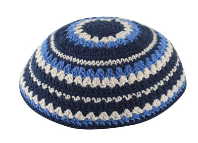 KNITTED KIPPAH 18 CM- BLUE-L. BLUE-BEIGE