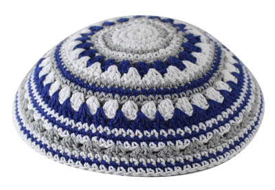 KNITTED KIPPAH 18 CM- BLUE-GRAY-WHITE