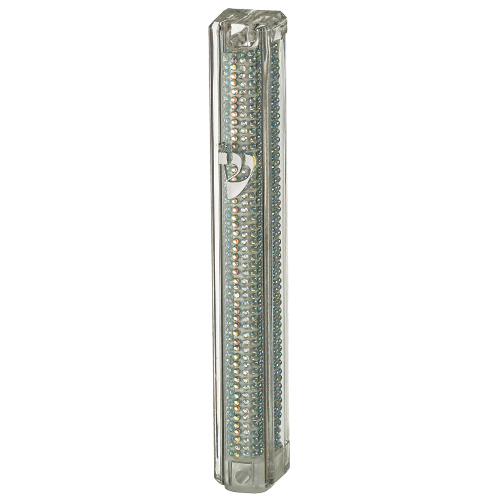 Plastic Glitter Transparent Mezuzah with Rubber Cork 15 cm-  with the Letter Shin