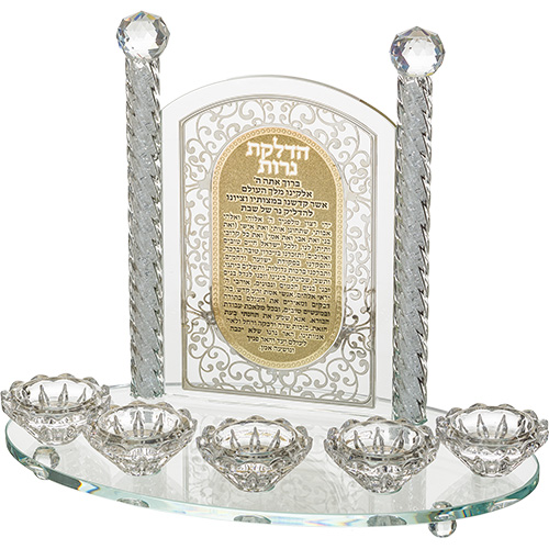 Crystal Candlesticks 5 candles with Laser Cut Metal Plaque 25 cm - Candle Lighting