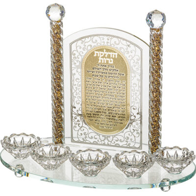 Crystal Candlesticks 5 Candles with Laser Cut Metal Plaque 25 cm