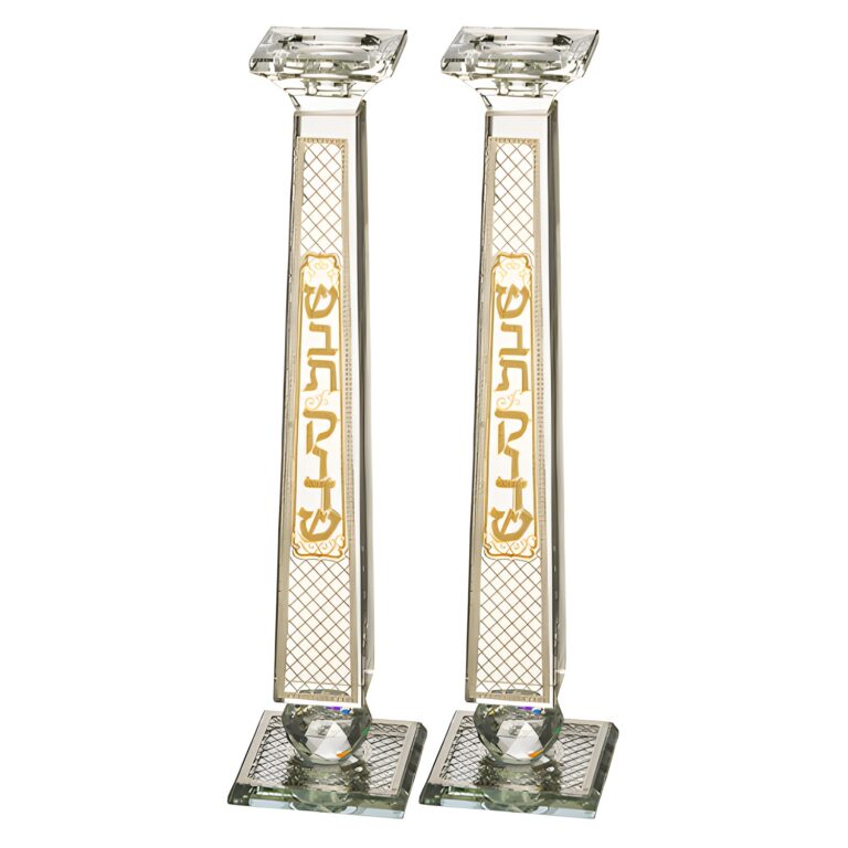 Pair of Crystal Elegant Candlesticks with Laser Cut Metal Plaque 33.5 cm