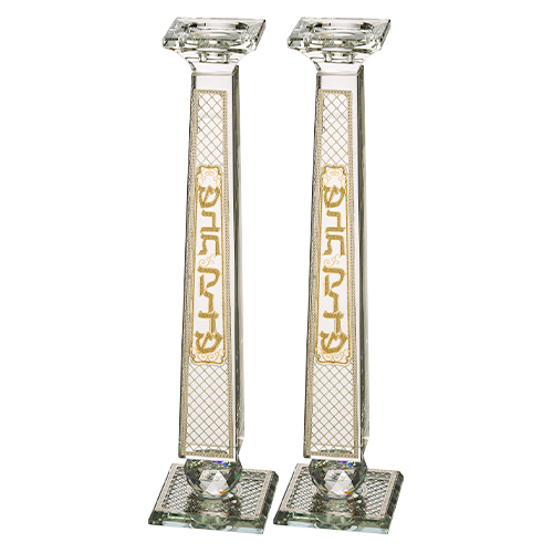 Pair of Crystal Elegant Candlesticks with Laser Cut Metal Plaque 33.5 cm
