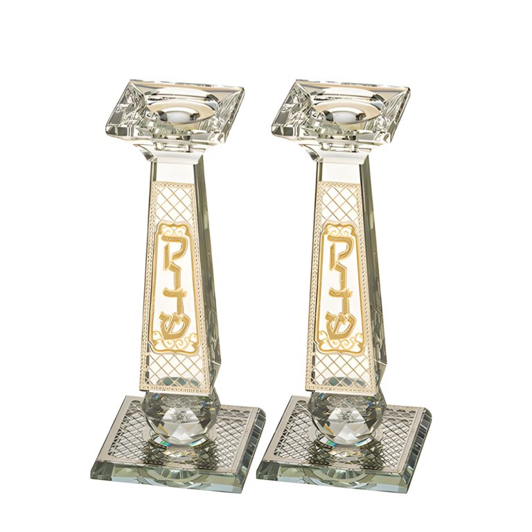 Pair of Crystal Elegant Candlesticks with Laser Cut Metal Plaque 20 cm
